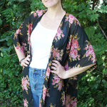black kimono with pink roses in georgette fabric
