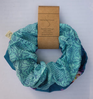 set of two blue scrunchies made from recycled sari fabric