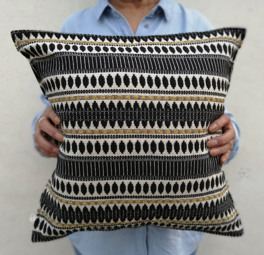 black, white, and gold jaccard fabric cushion cover 16" x16"