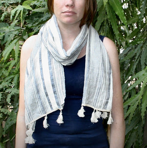 Dobby white and gray striped scarf with cotton tassels handspan by Sewing New Futures