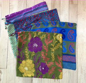 Green/Blue Large Sari Drawstring Pouch Gift Bag