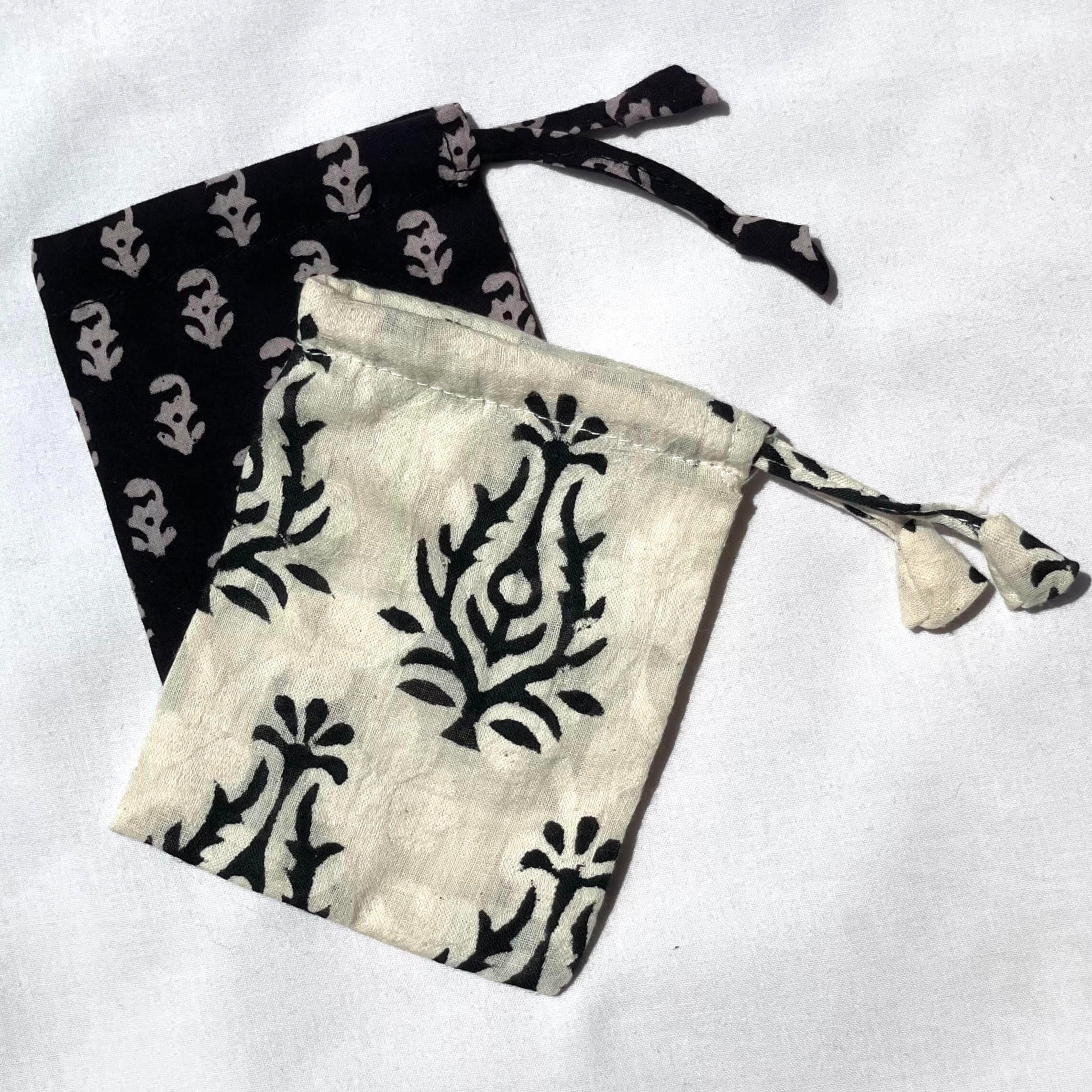 two cotton block print design small pouch bags. hand made in india